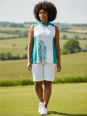 Women’s Active Sport Teal/White/Animal Print Sleeveless Golf Polo Top-Size 1X